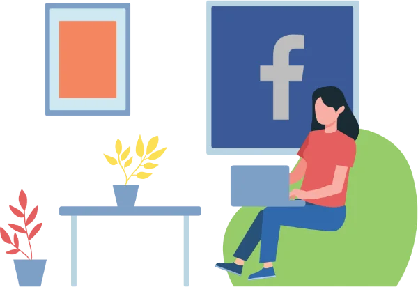 Kobieta pracująca na laptopie, w tle duże logo facebooka